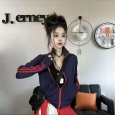 批发档口上新 美式高街撞色拼接拉链外套运动夹克上衣女