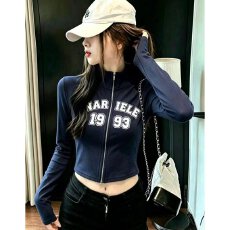 批发档口上新 美式复古字母印花拉链长袖上衣女修身打底衫T恤