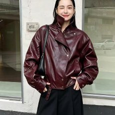 档口上新 美式复古立领宽松短款皮衣外套女百搭夹克上衣