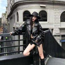 批发档口上新 美式复古米色短款皮衣女春秋<b class='q'>新款</b>宽松百搭机车<b class='q'>夹克</b>外套