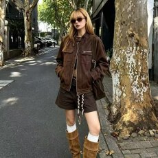 批发档口上新 美式复古白色皮衣女短款夹克外套百搭显瘦