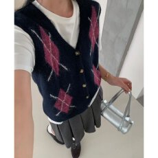 批发档口上新 日系复古菱格针织开衫女秋季新款宽松百搭毛衣外套上衣