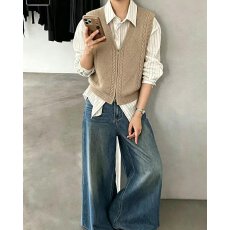 批发档口上新 美式复古条纹衬衫<b class='q'>女</b>搭配针织马甲阔腿<b class='q'>牛仔裤</b>套装
