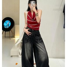批发档口上新 美式复古夏季新款高腰阔腿<b class='q'>牛仔裤</b><b class='q'>女</b>显瘦直筒长裤
