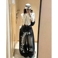 批发档口上新 美式复古高街字母印花宽松阔腿<b class='q'>牛仔裤</b><b class='q'>女</b>百搭显瘦长裤