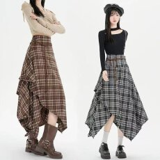 批发档口上新 2026新款女款<b class='q'>不规则</b>格纹<b class='q'>半身裙</b>设计感小众高腰长裙