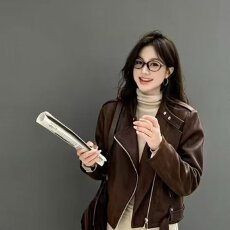 批发档口上新 美式复古棕色皮衣女2026新款短款外套机车夹克百搭显瘦