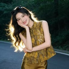 批发档口上新 新中式国风刺绣无袖上衣女改良旗袍马甲背心套装裙