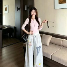 批发档口上新 2026新款女款卡通印花蝴蝶结阔腿长裤休闲运动裤