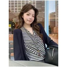 批发档口上新 2026年新款女装慵懒风条纹荡领短袖T恤上衣百搭打底衫