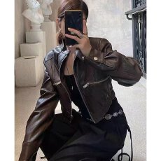 批发档口上新 美式复古棕色短款皮衣外套女机车夹克上衣