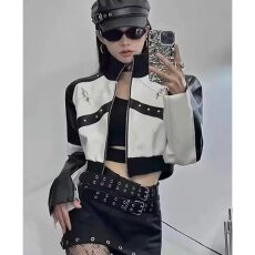 批发档口上新 2026新款美式高街拼接皮衣外套女短款夹克上衣