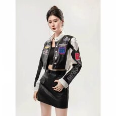 批发档口上新 美式高街新款拼接贴标短款皮衣外套女百搭