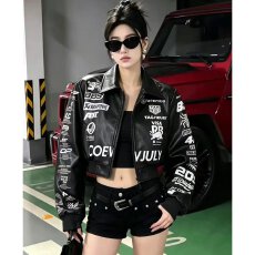 批发档口上新 2026美式高街字母印花短款皮衣外套女百搭