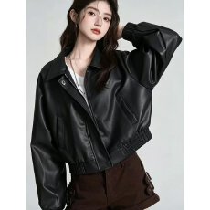 批发档口上新 <b class='q'>春</b>秋短款翻领皮夹克女宽松落肩拉链外套