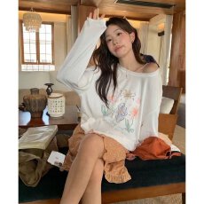 批发档口上新 2026年春季女装长袖T恤宽松落肩花卉印花<b class='q'>甜美</b>