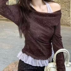 批发档口上新 2026年春秋季女装修身长袖针织衫斜肩荡领亮片<b class='q'>荷叶边</b>