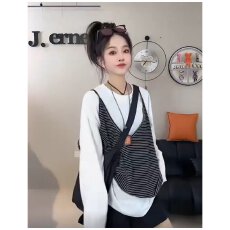 批发档口上新 2026春秋新款假两件针织条纹背心白T恤叠穿两件套