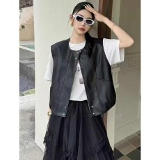 批发档口上新 2026年春秋黑色皮质马甲女圆领无袖拉链宽松背心
