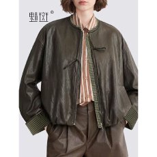 批发档口上新 2026春秋复古皮<b class='q'>夹克</b>女圆领灯笼袖抽绳短款