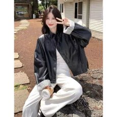 批发档口上新 2026年春秋韩版立领单排扣皮<b class='q'>夹克</b>女短款宽松假两件