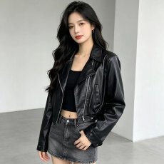 批发档口上新 2026春秋<b class='q'>新款</b>短款机车皮<b class='q'>夹克</b>女翻领拉链修身外套