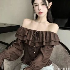 批发档口上新 2026年春秋新款女装一字肩荷叶边蝴蝶结设计感长袖上衣