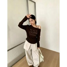 批发档口上新 2026春秋新款斜肩字母印花长袖针织衫女装美式<b class='q'>街头</b>风