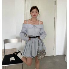批发档口上新 2026年春秋新款女装<b class='q'>露肩</b>翻领衬衫<b class='q'>连衣裙</b>收腰百褶短裙