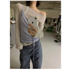 批发档口上新 2026年春秋新款女装假两件长袖上衣露肩薄纱拼接<b class='q'>吊带</b>衫