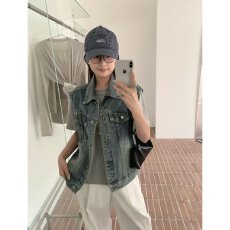 批发档口上新 2026年秋季新款复古水洗做旧<b class='q'>牛仔</b><b class='q'>马甲女</b>宽松无袖翻领