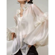 批发档口上新 2026年春季新款女装V领灯笼袖立体花朵雪纺衬衫上衣