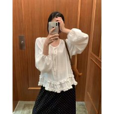 批发档口上新 2026年秋季新款女装<b class='q'>宽松</b>圆领系带灯笼袖荷叶边拼接<b class='q'>衬衫</b>