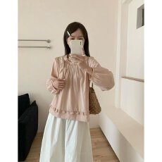批发档口上新 2026年夏季新款女装甜美圆领泡泡袖长袖上衣木耳边<b class='q'>衬衫</b>