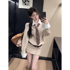 批发档口上新 2026年春季新款女装V领针织上衣半身裙套装两件套