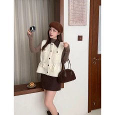 批发档口上新 2026年秋冬新款女装针织马甲背心翻领撞色纽扣开衫