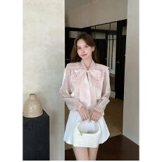 批发档口上新 2026年春季新款女装缎面光泽感长袖衬衫<b class='q'>娃娃领</b>蕾丝飘带