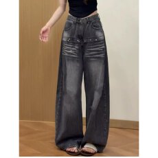 批发档口上新 2026年秋季新款女高腰阔腿<b class='q'>牛仔裤</b>复古水洗做旧百搭长裤