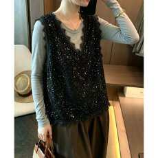 批发档口上新 2026年新款女装黑色<b class='q'>亮片</b>针织马甲V领无袖蕾丝流苏