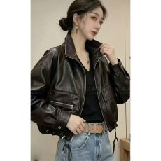 批发档口上新 2026年秋季新款女士立领皮<b class='q'>夹克</b>短款长袖拉链口袋外套