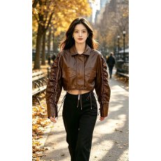 批发档口上新 2026年秋季新款女士短款皮衣外套修身翻领抽绳长袖<b class='q'>夹克</b>