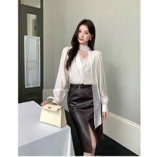 批发档口上新 2026夏季法式宽松落肩雪纺开衫女高领飘带长袖罩衫薄款