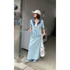 批发档口上新2026夏季新款女装假两件牛仔领拼接短袖开衫半身长裙套装
