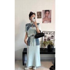 批发档口上新2026夏季新款女装浅蓝拼色立领短袖拉链外套半身裙两件套