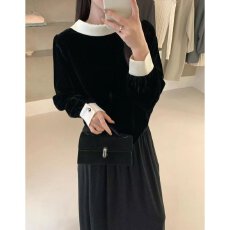批发档口上新 2026年春秋新款女装丝绒连衣裙撞色娃娃领泡泡袖<b class='q'>百褶</b>裙