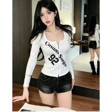 批发档口上新 2026年夏季新款女装<b class='q'>修身</b>长袖T恤字母印花拉链套头上衣