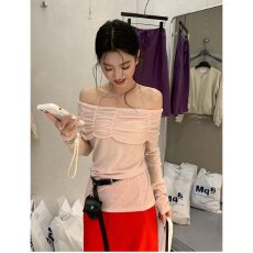 批发档口上新2026夏季新款女装一字肩<b class='q'>露肩</b>长袖针织衫抽褶修身套头<b class='q'>上衣</b>