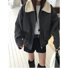 批发档口上新2026年秋冬新款<b class='q'>女</b>装宽松落肩仿羊羔毛领短款<b class='q'>夹克</b>外套百搭