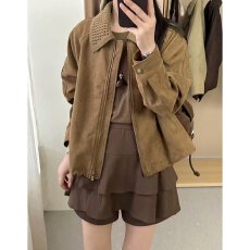 批发档口上新 2026年春秋新款<b class='q'>女</b>装宽松落肩仿麂皮<b class='q'>夹克</b>翻领长袖外套