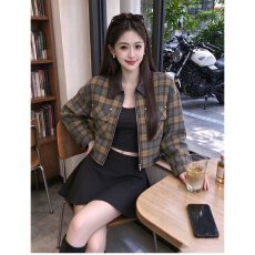 批发档口上新 2026年秋季新款<b class='q'>女</b>装格纹拼接翻领短款<b class='q'>夹克</b>外套宽松百搭